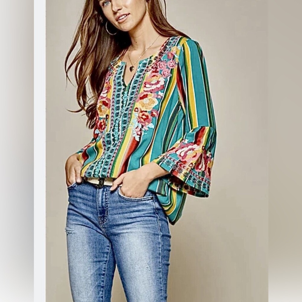 Savanna Jane Embroidered Blouse bell sleeves boho hippie turquoise colorful SZ S
